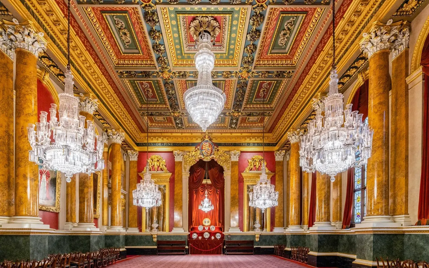 The chandeliered livery hall in the City of London that hosts The Winter Banquet, set for the white-tie dinner